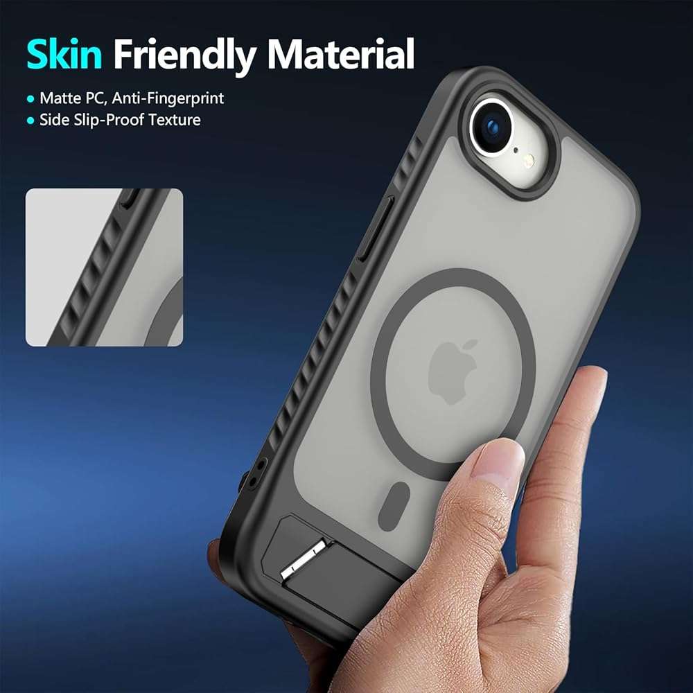 for iPhone 16E / iPhone 17E case: [fit for Magsafe] Strong Magnetic & Invisible Stand, with Screen Protector, Adjustable Kickstand Frosted Translucent Matte Phone Case for iPhone 17e/16e, Black - Image 6