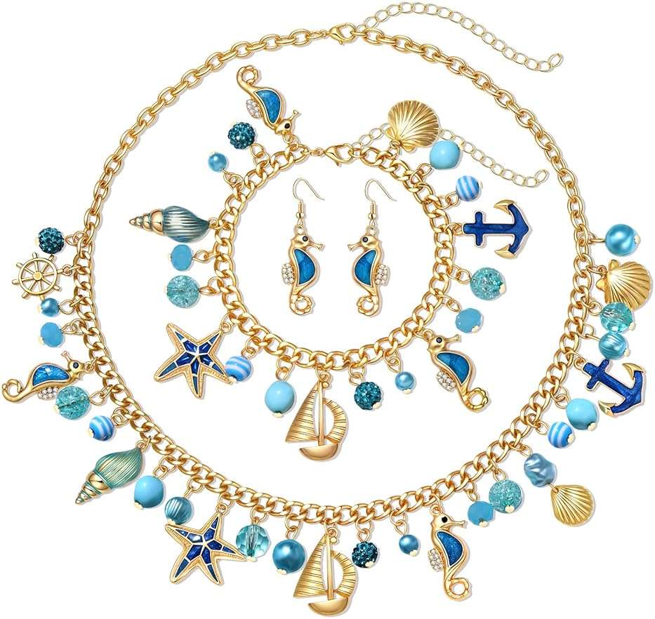 MOLOCH Seashell Jewelry Set Starfish Seahorse Seashell Necklace Bracelet Earrings Boho Summer Beach Jewelry Mermaid Costume Accessories for Women - Image 1