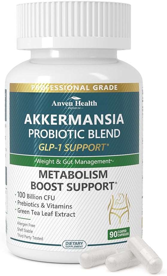 Anven Health GLP-1 Supplement 100 Billion Akkermansia Probiotic & Prebiotic for Gut Health & Digestion, Metabolism & Energy Support with Vitamin B2 & D, Green Tea and Chromium - Non-GMO | 90 Capsules - Image 1