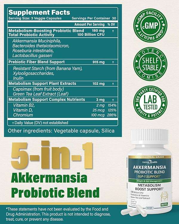 Anven Health GLP-1 Supplement 100 Billion Akkermansia Probiotic & Prebiotic for Gut Health & Digestion, Metabolism & Energy Support with Vitamin B2 & D, Green Tea and Chromium - Non-GMO | 90 Capsules - Image 2