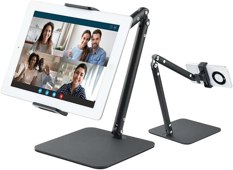 UTEBIT Tablet Stand for Desk, Adjustable Angle Height Cell Phone Holder 360° Rotation Foldable Phone Stand Office Desk Accessories Compatible with 4''-13'' Smartphones iPhone iPad Air Kindle (Black) - Image 1