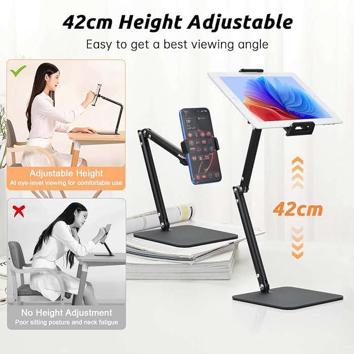 UTEBIT Tablet Stand for Desk, Adjustable Angle Height Cell Phone Holder 360° Rotation Foldable Phone Stand Office Desk Accessories Compatible with 4''-13'' Smartphones iPhone iPad Air Kindle (Black) - Image 3