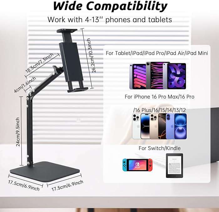 UTEBIT Tablet Stand for Desk, Adjustable Angle Height Cell Phone Holder 360° Rotation Foldable Phone Stand Office Desk Accessories Compatible with 4''-13'' Smartphones iPhone iPad Air Kindle (Black) - Image 7