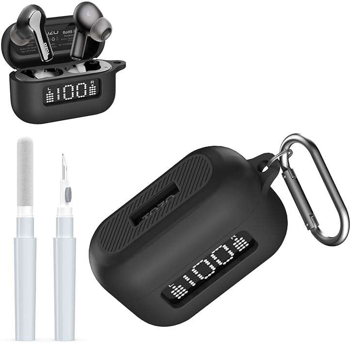 AGENTNANO for TOZ0 NC3 Earbuds(2024) Case Cover with Cleaner kit, Silicone Protective Battery Display Visible Design Cover for TOZO Hybrid Active Noise Cancelling Wireless Earbuds with Carabiner-Black - Image 1