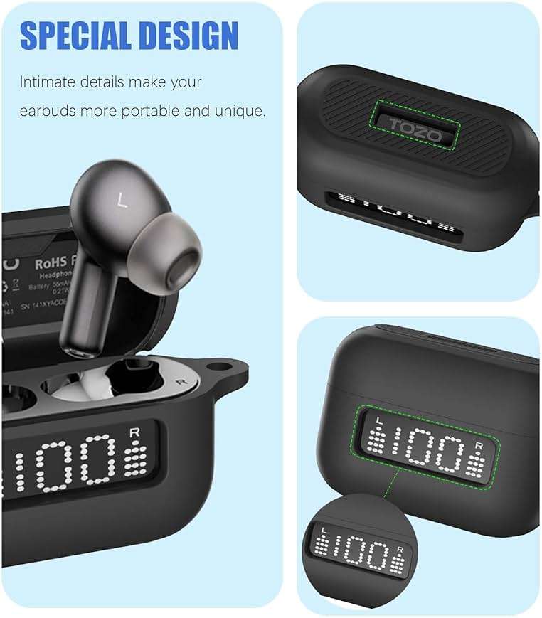 AGENTNANO for TOZ0 NC3 Earbuds(2024) Case Cover with Cleaner kit, Silicone Protective Battery Display Visible Design Cover for TOZO Hybrid Active Noise Cancelling Wireless Earbuds with Carabiner-Black - Image 3