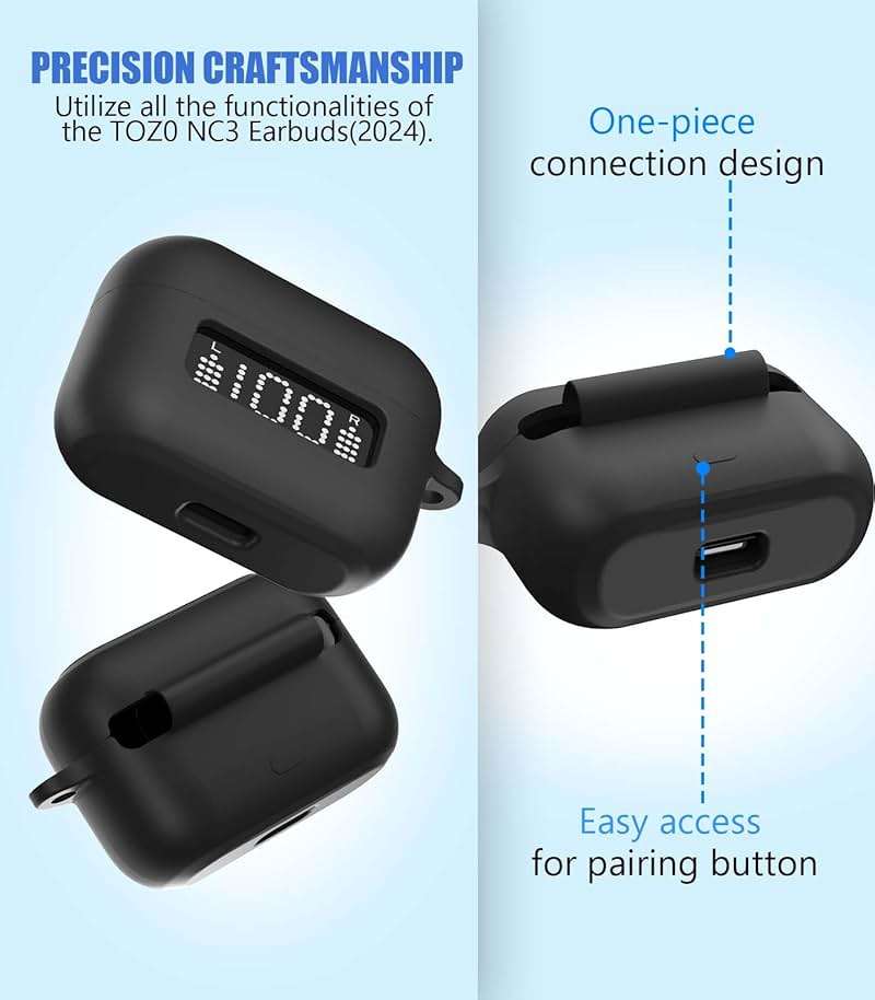 AGENTNANO for TOZ0 NC3 Earbuds(2024) Case Cover with Cleaner kit, Silicone Protective Battery Display Visible Design Cover for TOZO Hybrid Active Noise Cancelling Wireless Earbuds with Carabiner-Black - Image 4