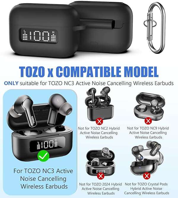 AGENTNANO for TOZ0 NC3 Earbuds(2024) Case Cover with Cleaner kit, Silicone Protective Battery Display Visible Design Cover for TOZO Hybrid Active Noise Cancelling Wireless Earbuds with Carabiner-Black - Image 5
