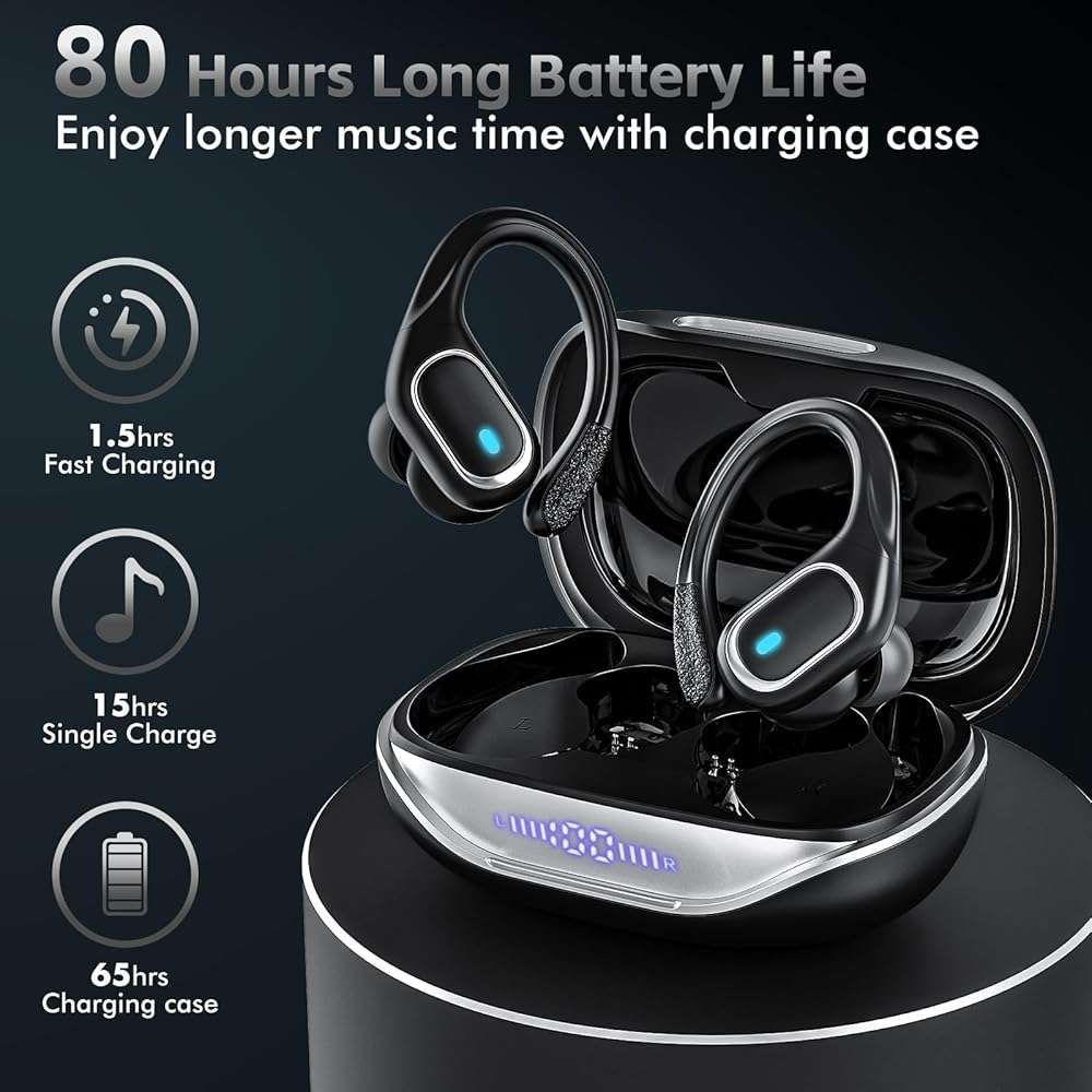 Wireless Earbuds Bluetooth Headphones 80Hrs Playtime Ear Buds IPX7 Waterproof Sports Earphones Wireless Charging Case Over-Ear Earhooks Headest - Black - Image 2