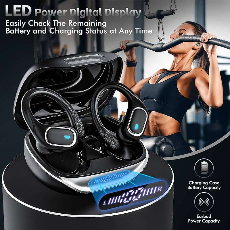 Wireless Earbuds Bluetooth Headphones 80Hrs Playtime Ear Buds IPX7 Waterproof Sports Earphones Wireless Charging Case Over-Ear Earhooks Headest - Black - Image 7