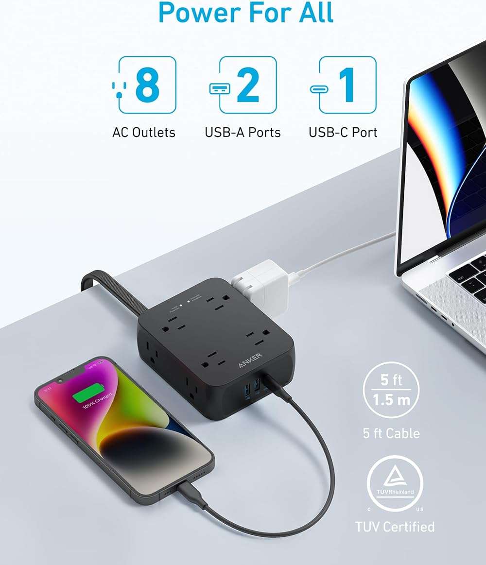 Anker Power Strip with 2000J Surge Protector, Flat Plug Extension Cord with Multiple Outlets, 8 AC, 2 USB A & 1 USB C Port for 20W, 5ft Outlet Extender, Dorm Room Essentials, Home Office, TUV Listed - Image 2