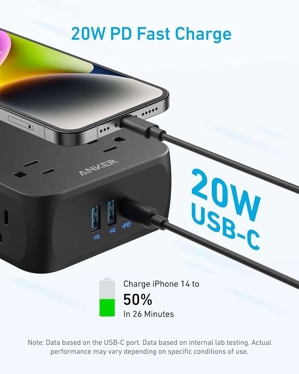 Anker Power Strip with 2000J Surge Protector, Flat Plug Extension Cord with Multiple Outlets, 8 AC, 2 USB A & 1 USB C Port for 20W, 5ft Outlet Extender, Dorm Room Essentials, Home Office, TUV Listed - Image 3
