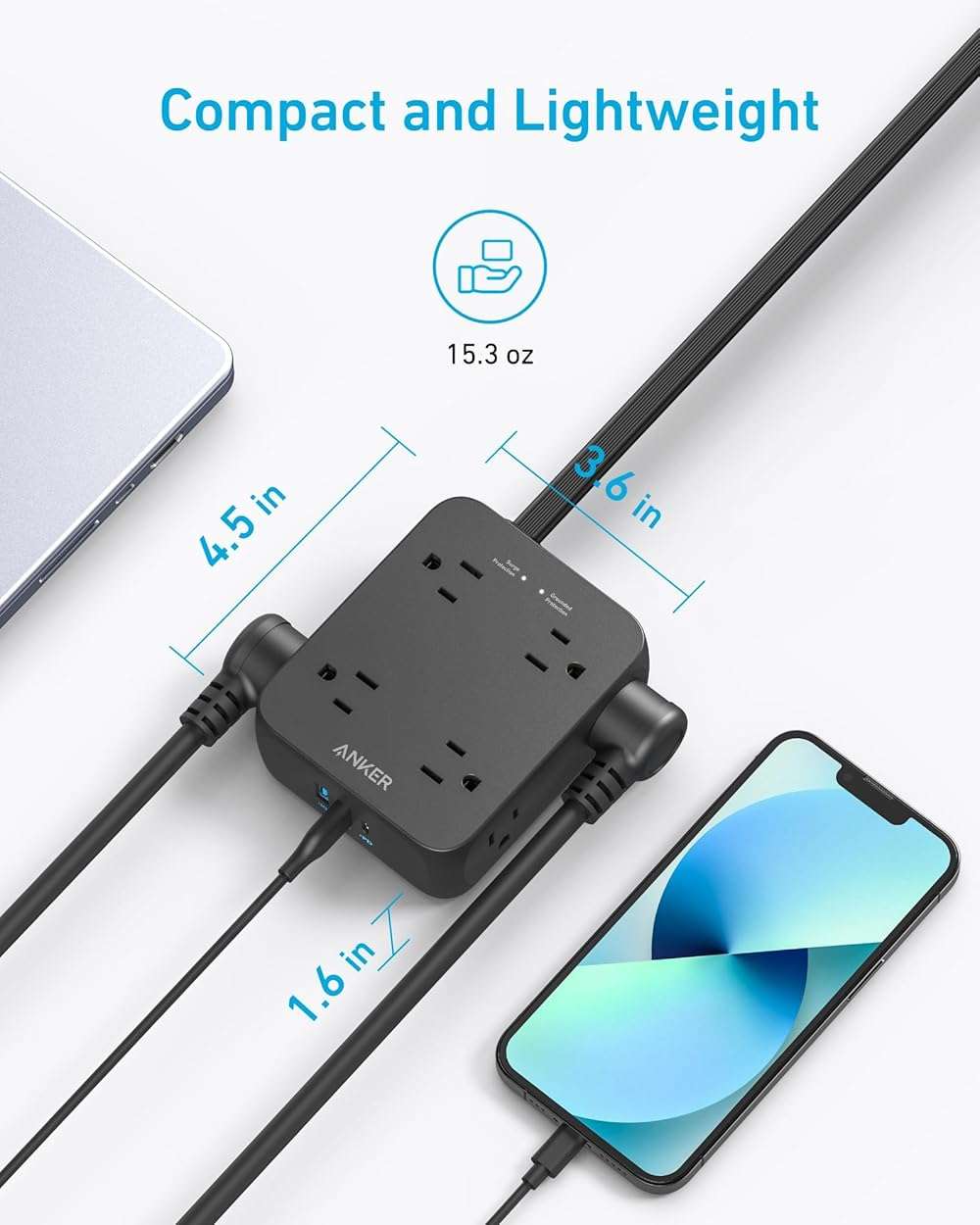 Anker Power Strip with 2000J Surge Protector, Flat Plug Extension Cord with Multiple Outlets, 8 AC, 2 USB A & 1 USB C Port for 20W, 5ft Outlet Extender, Dorm Room Essentials, Home Office, TUV Listed - Image 4