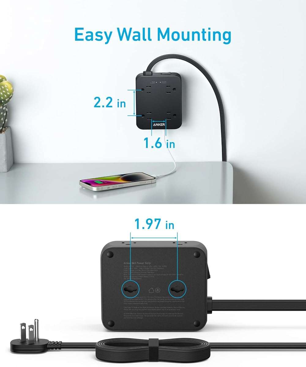 Anker Power Strip with 2000J Surge Protector, Flat Plug Extension Cord with Multiple Outlets, 8 AC, 2 USB A & 1 USB C Port for 20W, 5ft Outlet Extender, Dorm Room Essentials, Home Office, TUV Listed - Image 6