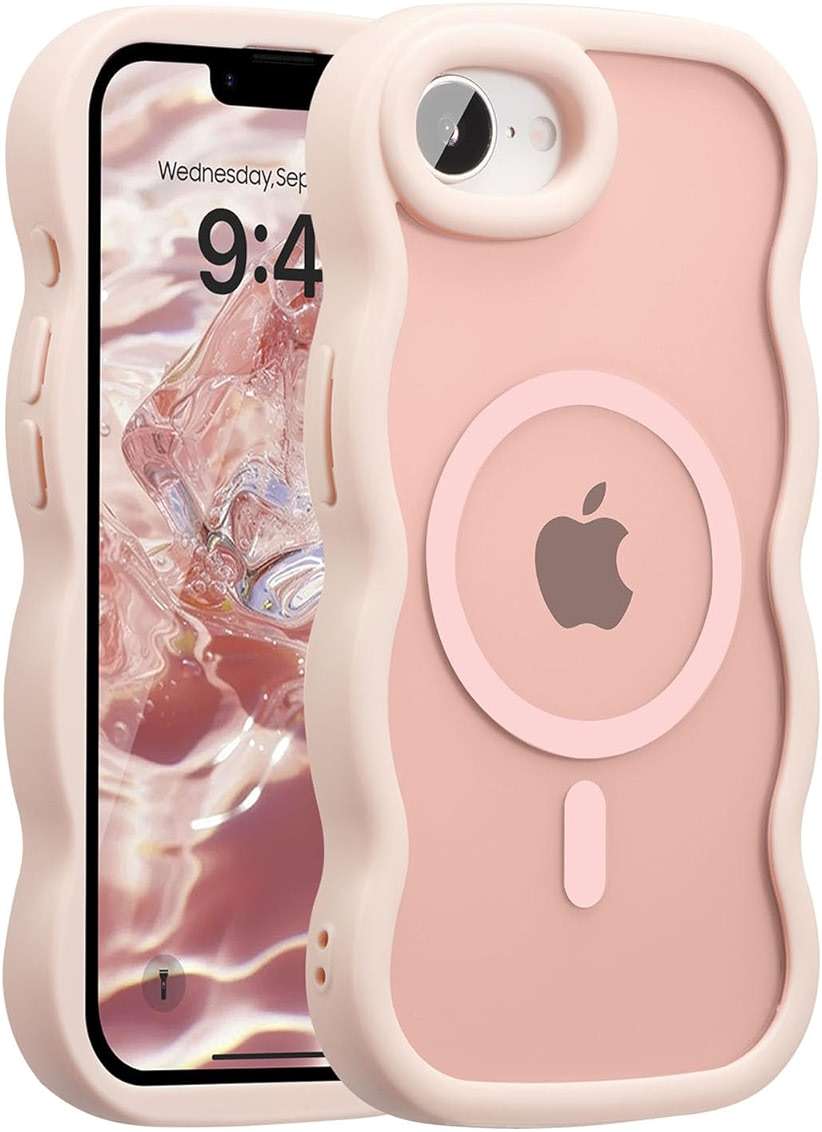 UEEBAI Magnetic for iPhone 17e/iPhone 16e Case, Cute Cover Compatible with MagSafe, 2025 Transparent Clear Wave Design Wavy Frame Matte Phone Case- Pink - Image 1