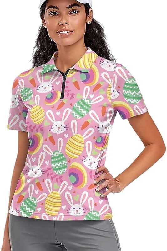 Esyehaduy Short Sleeves Golf Polo Shirt for Women Half-Zip Polo Shirt Top Workout Stretch Summer Pullover Size XS-2XL - Image 1