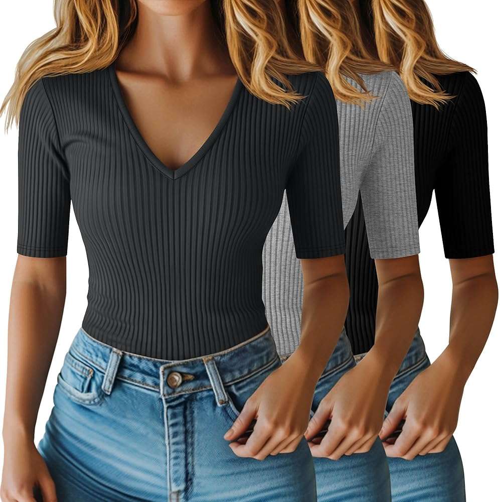 Riyiper 3 Pack Women's Half Sleeve Top Elbow Length Ribbed Cotton T Shirt Women V Neck Summer Tee Slim Fit Casual Blouses - Image 1