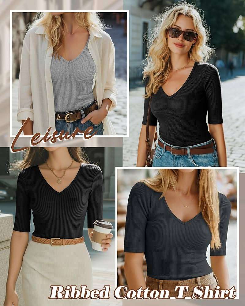 Riyiper 3 Pack Women's Half Sleeve Top Elbow Length Ribbed Cotton T Shirt Women V Neck Summer Tee Slim Fit Casual Blouses - Image 2