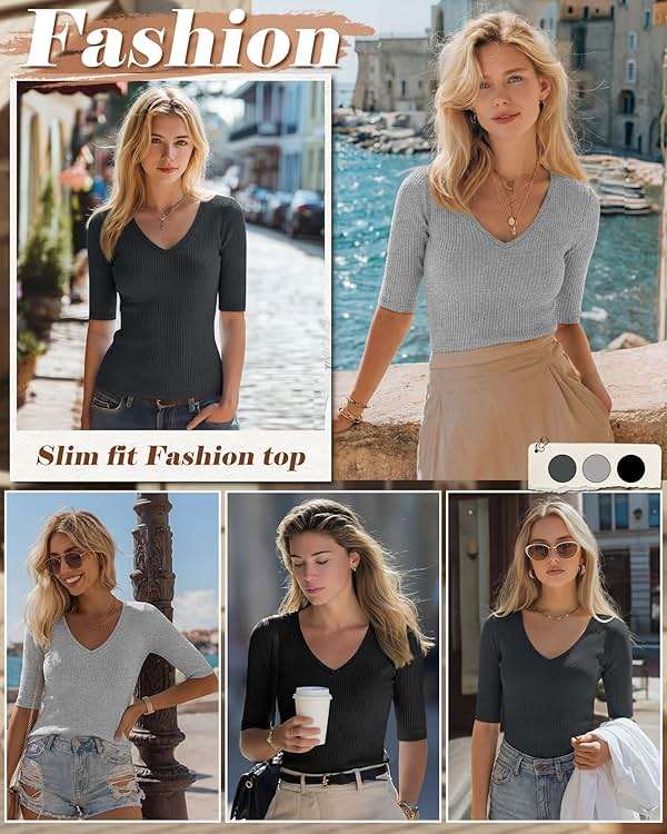 Riyiper 3 Pack Women's Half Sleeve Top Elbow Length Ribbed Cotton T Shirt Women V Neck Summer Tee Slim Fit Casual Blouses - Image 3