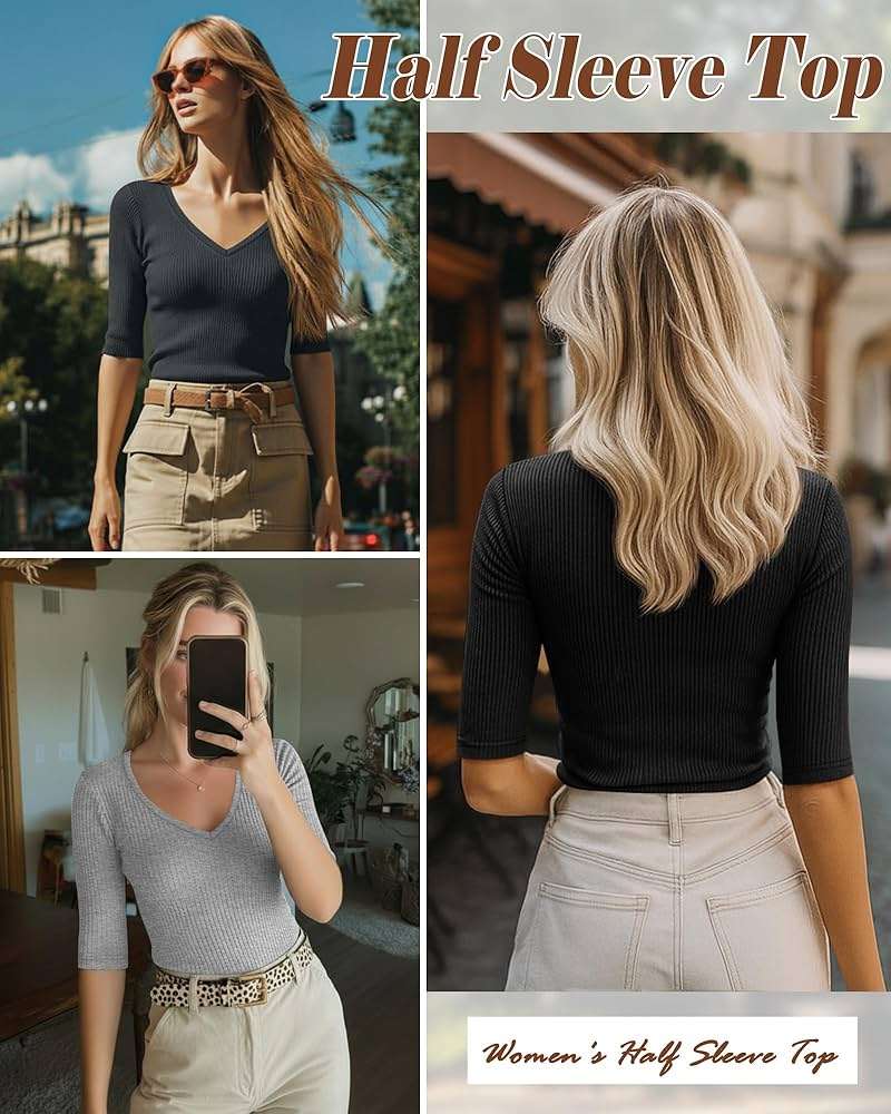 Riyiper 3 Pack Women's Half Sleeve Top Elbow Length Ribbed Cotton T Shirt Women V Neck Summer Tee Slim Fit Casual Blouses - Image 4