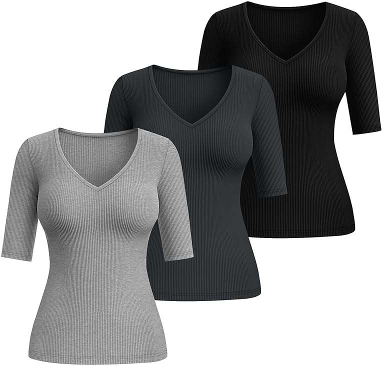 Riyiper 3 Pack Women's Half Sleeve Top Elbow Length Ribbed Cotton T Shirt Women V Neck Summer Tee Slim Fit Casual Blouses - Image 2