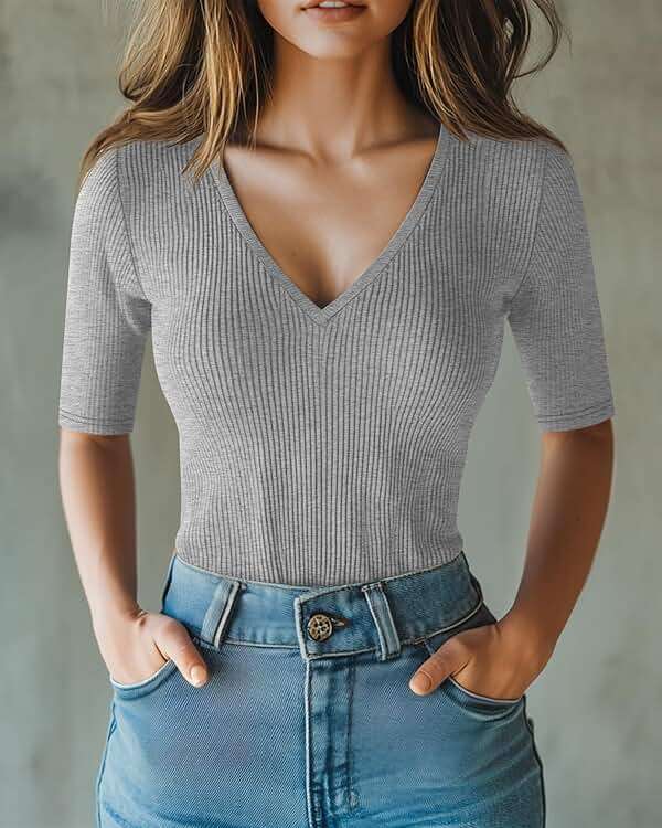 Riyiper 3 Pack Women's Half Sleeve Top Elbow Length Ribbed Cotton T Shirt Women V Neck Summer Tee Slim Fit Casual Blouses - Image 5