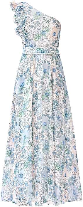 BTFBM Women Summer One Shoulder Floral Wedding Guest Dresses Sleeveless Smocked Ruffle Flowy Beach Vacation Maxi Dress - Image 1