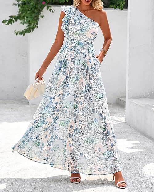 BTFBM Women Summer One Shoulder Floral Wedding Guest Dresses Sleeveless Smocked Ruffle Flowy Beach Vacation Maxi Dress - Image 2