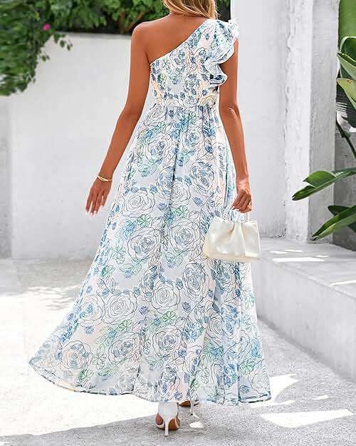 BTFBM Women Summer One Shoulder Floral Wedding Guest Dresses Sleeveless Smocked Ruffle Flowy Beach Vacation Maxi Dress - Image 3