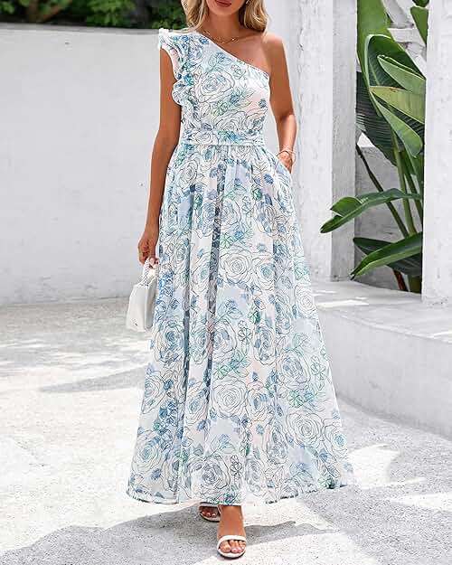 BTFBM Women Summer One Shoulder Floral Wedding Guest Dresses Sleeveless Smocked Ruffle Flowy Beach Vacation Maxi Dress - Image 4