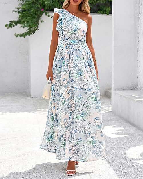 BTFBM Women Summer One Shoulder Floral Wedding Guest Dresses Sleeveless Smocked Ruffle Flowy Beach Vacation Maxi Dress - Image 5