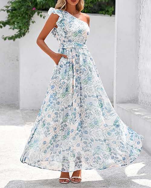 BTFBM Women Summer One Shoulder Floral Wedding Guest Dresses Sleeveless Smocked Ruffle Flowy Beach Vacation Maxi Dress - Image 6
