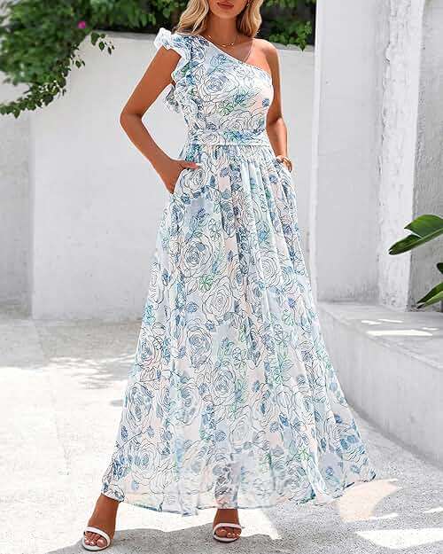 BTFBM Women Summer One Shoulder Floral Wedding Guest Dresses Sleeveless Smocked Ruffle Flowy Beach Vacation Maxi Dress - Image 7