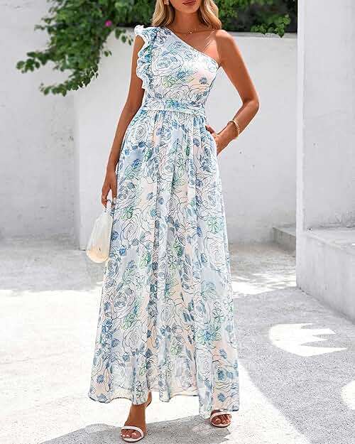 BTFBM Women Summer One Shoulder Floral Wedding Guest Dresses Sleeveless Smocked Ruffle Flowy Beach Vacation Maxi Dress - Image 8