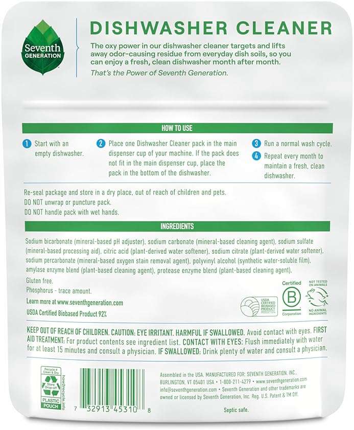 Seventh Generation Dishwasher Cleaning Packs 6 Count Free & Clear Removes odor-causing residue Powered by oxy power - Image 2