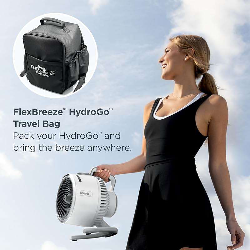 Shark FlexBreeze HydroGo Fan & Travel Bag — Ultra-powerful portable fan with indoor + outdoor evaporative mist. Corded & cordless, White, FA053BRN - Image 4