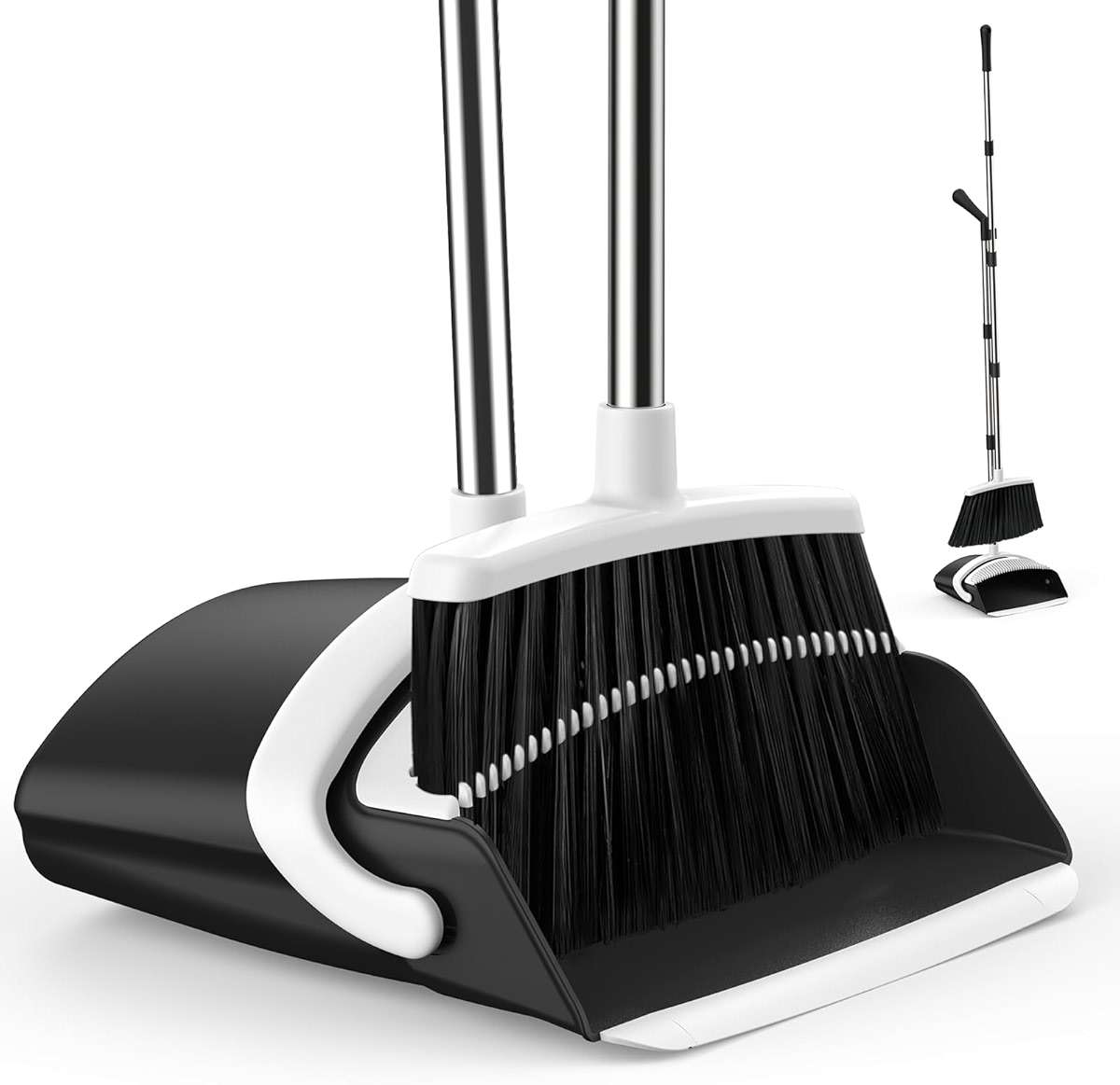 EZKEY Broom and Dustpan Set for Home, 51-in Long Adjustable Handle Angle Broom and Dustpan Combo Set with Dust Pan Teeth to Clean Hair for Home Kitchen Office Lobby Floor Garden (Black&White) - Image 1