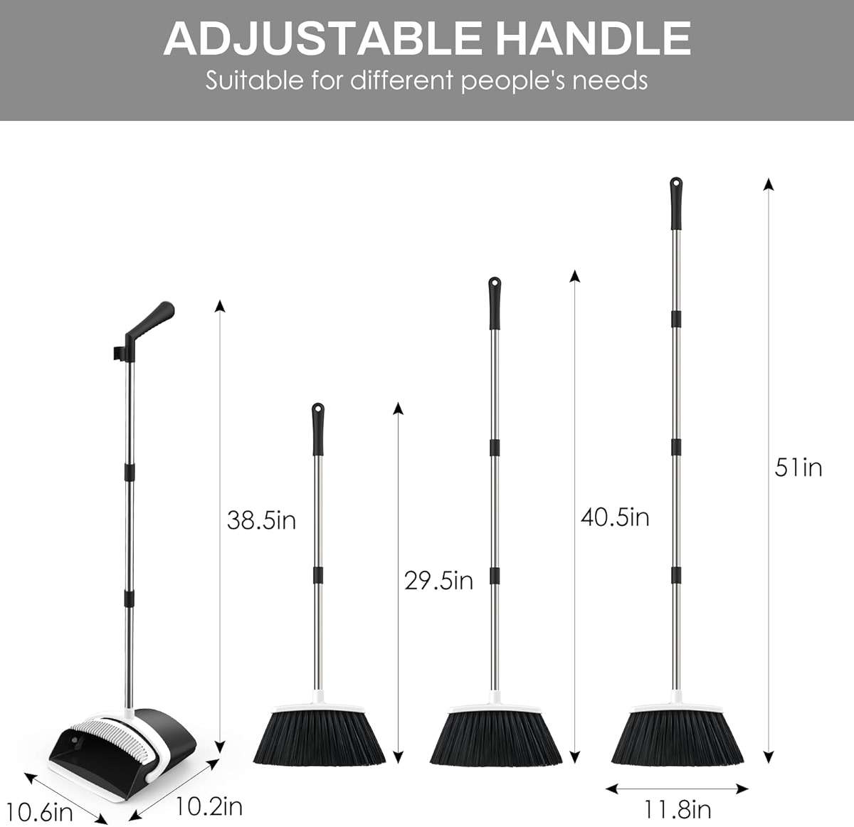 EZKEY Broom and Dustpan Set for Home, 51-in Long Adjustable Handle Angle Broom and Dustpan Combo Set with Dust Pan Teeth to Clean Hair for Home Kitchen Office Lobby Floor Garden (Black&White) - Image 2