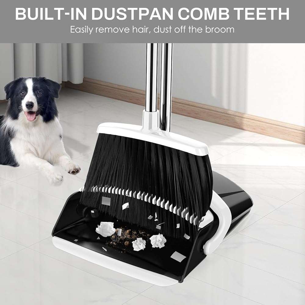 EZKEY Broom and Dustpan Set for Home, 51-in Long Adjustable Handle Angle Broom and Dustpan Combo Set with Dust Pan Teeth to Clean Hair for Home Kitchen Office Lobby Floor Garden (Black&White) - Image 6