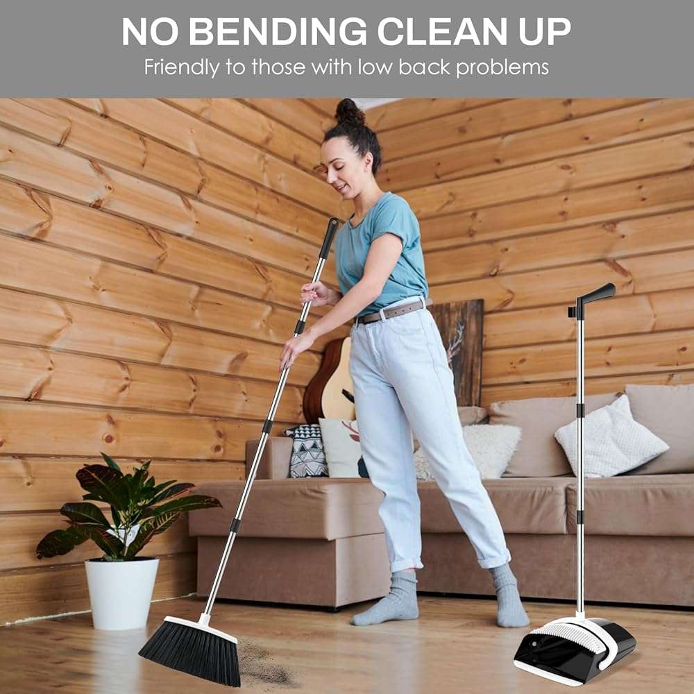 EZKEY Broom and Dustpan Set for Home, 51-in Long Adjustable Handle Angle Broom and Dustpan Combo Set with Dust Pan Teeth to Clean Hair for Home Kitchen Office Lobby Floor Garden (Black&White) - Image 7