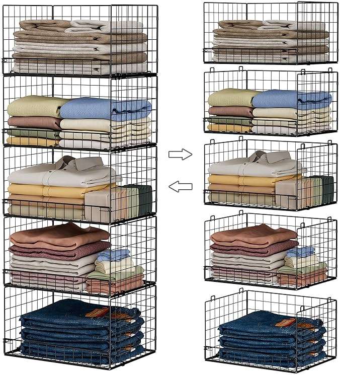 Yociyoga 5-Tier Stackable Closet Organizers and Storage Shelves, Closet Shelf Organizer Basket Bins, Foldable Sweater Storage for Closet Organizer System, Black(Patent 30022416) - Image 3