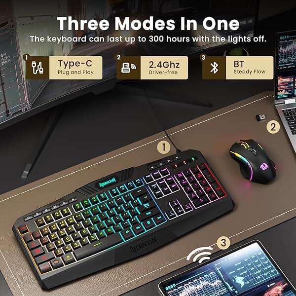 Redragon S101M-KS Gaming Keyboard and Mouse Wireless with Tri-Mode, RGB Keyboard and 4800 DPI Gaming Mouse, 10 Independent Multimedia Keys for Wins, PC, Computer, Wireless S101 Ideal for Gamer - Image 2