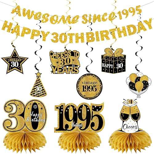 Kuxriox 11Pcs 30th Birthday Decorations Kit for Men Women, Black Gold Happy 30th Birthday Banner, Awesome Since 1996 Centerpieces Swirls Party Supplies, Thirty Bday Banner Ceiling Table Topper Sign - Image 1