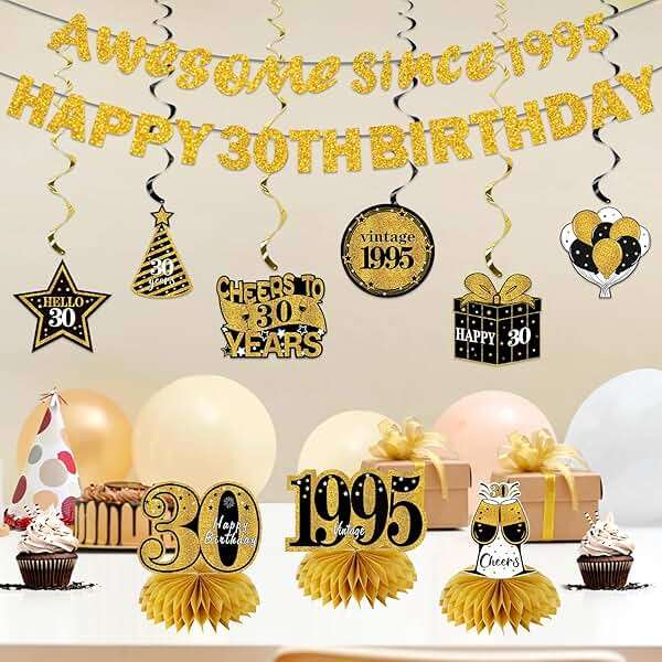 Kuxriox 11Pcs 30th Birthday Decorations Kit for Men Women, Black Gold Happy 30th Birthday Banner, Awesome Since 1996 Centerpieces Swirls Party Supplies, Thirty Bday Banner Ceiling Table Topper Sign - Image 2