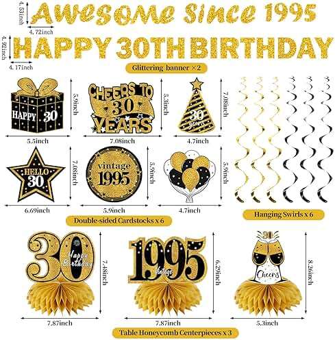 Kuxriox 11Pcs 30th Birthday Decorations Kit for Men Women, Black Gold Happy 30th Birthday Banner, Awesome Since 1996 Centerpieces Swirls Party Supplies, Thirty Bday Banner Ceiling Table Topper Sign - Image 3