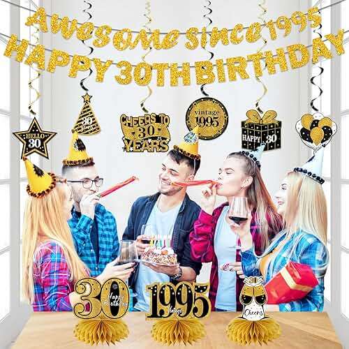 Kuxriox 11Pcs 30th Birthday Decorations Kit for Men Women, Black Gold Happy 30th Birthday Banner, Awesome Since 1996 Centerpieces Swirls Party Supplies, Thirty Bday Banner Ceiling Table Topper Sign - Image 4
