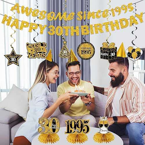 Kuxriox 11Pcs 30th Birthday Decorations Kit for Men Women, Black Gold Happy 30th Birthday Banner, Awesome Since 1996 Centerpieces Swirls Party Supplies, Thirty Bday Banner Ceiling Table Topper Sign - Image 5