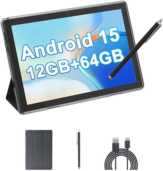 HOTTABLET Tablet 10-inch Android 15, RAM 12GB(4+8Expand) +ROM 64GB, 2+8MP Dual Camera, 6000mAh Battery (Tablet+case+Stylus)(Black) - Image 1