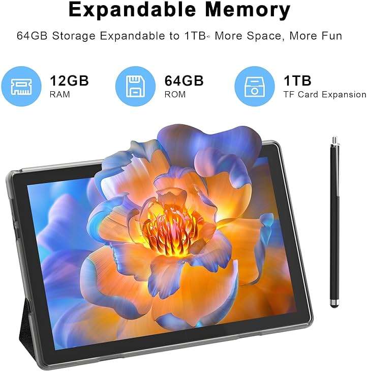 HOTTABLET Tablet 10-inch Android 15, RAM 12GB(4+8Expand) +ROM 64GB, 2+8MP Dual Camera, 6000mAh Battery (Tablet+case+Stylus)(Black) - Image 3