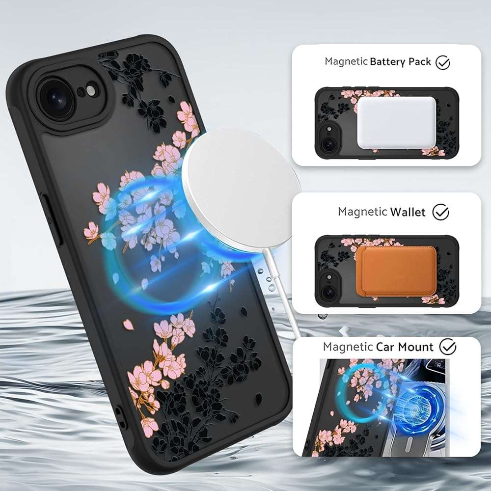 OOK Case for iPhone 16e 2025 and iPhone 17e 2026, 6.1 Inch (Compatible with MagSafe) Floral Flowers Design Phone Cover Soft TPU + Hard PC Anti-Scratch Shockproof Magnetic Case for Women - Pink - Image 2