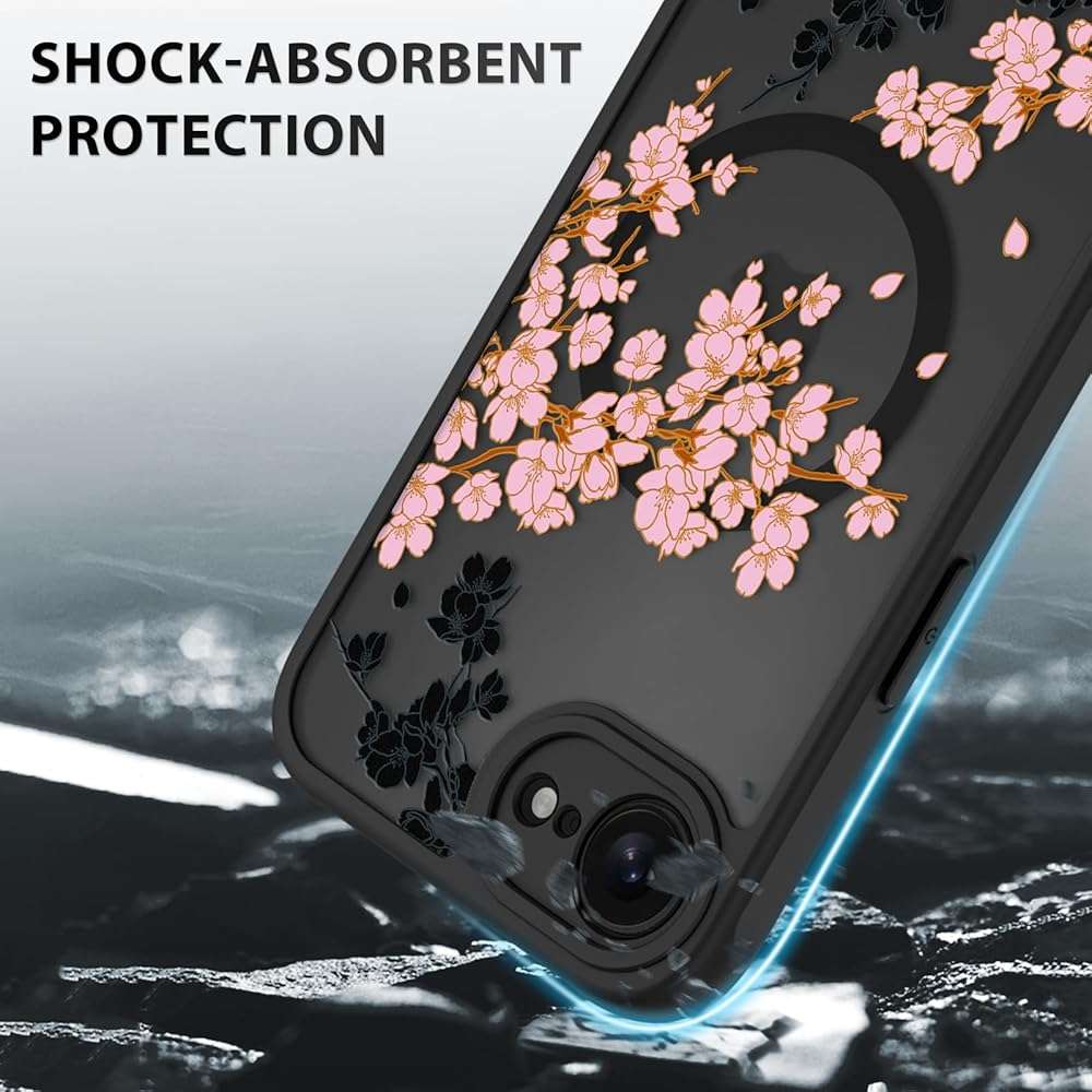 OOK Case for iPhone 16e 2025 and iPhone 17e 2026, 6.1 Inch (Compatible with MagSafe) Floral Flowers Design Phone Cover Soft TPU + Hard PC Anti-Scratch Shockproof Magnetic Case for Women - Pink - Image 4